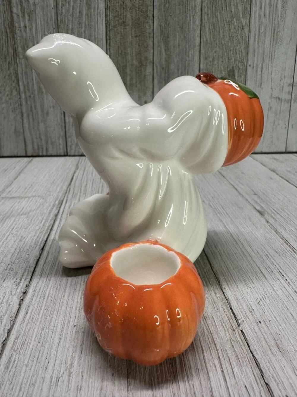 Vtg Fitz & Floyd Omnibus Sri Lanka Pair Ghosts w/ Pumpkins Candle Holders 4.5